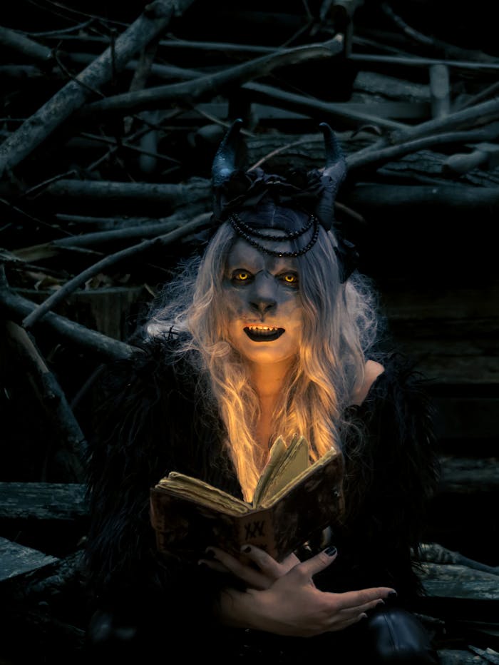 Anasayfa A haunting figure with horns and glowing eyes reads an ancient book at night in a dark forest.