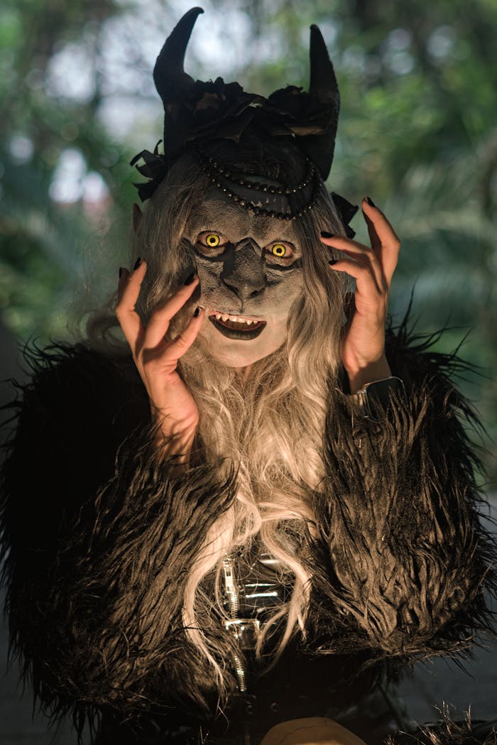 A person in a spooky costume with a detailed mask and horns, evoking mystery.