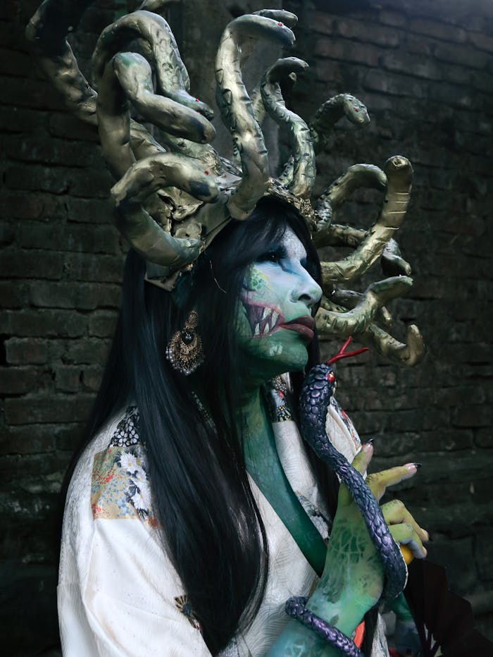 Anasayfa Intricate Medusa-inspired costume featuring green body paint and serpent-like hair.