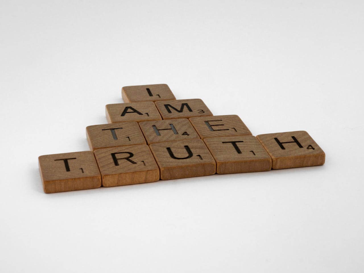 Anasayfa Close-up of wooden Scrabble tiles on a white background spelling 'I Am The Truth'.